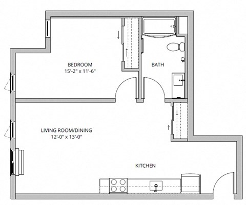 Floor plan for 1 bed, 1 bath, 707 sqft